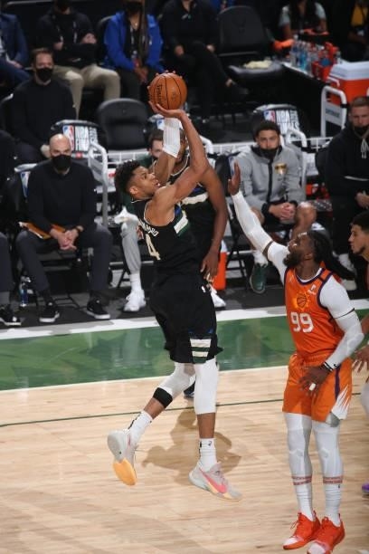 Giannis Antetokounmpo of the Milwaukee Bucks shoots the ball against the Phoenix Suns during Game Six of the 2021 NBA Finals on July 20, 2021 at the...