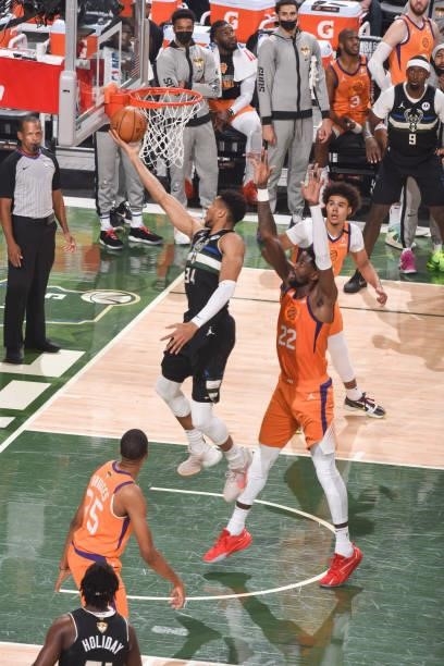 Giannis Antetokounmpo of the Milwaukee Bucks drives to the basket during the game against the Phoenix Suns during Game Six of the 2021 NBA Finals on...