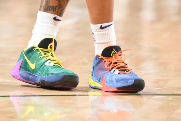 The sneakers worn by Cameron Payne of the Phoenix Suns during the game against the Milwaukee Bucks during Game Six of the 2021 NBA Finals on July 20,...