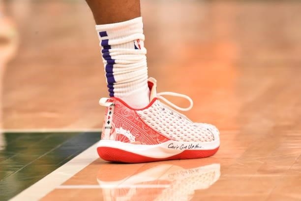 The sneakers worn by Chris Paul of the Phoenix Suns during Game Six of the 2021 NBA Finals on July 20, 2021 at Fiserv Forum in Milwaukee, Wisconsin....