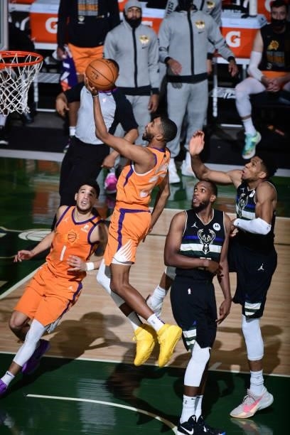 Mikal Bridges of the Phoenix Suns shoots the ball during the game against the Milwaukee Bucks during Game Six of the 2021 NBA Finals on July 20, 2021...