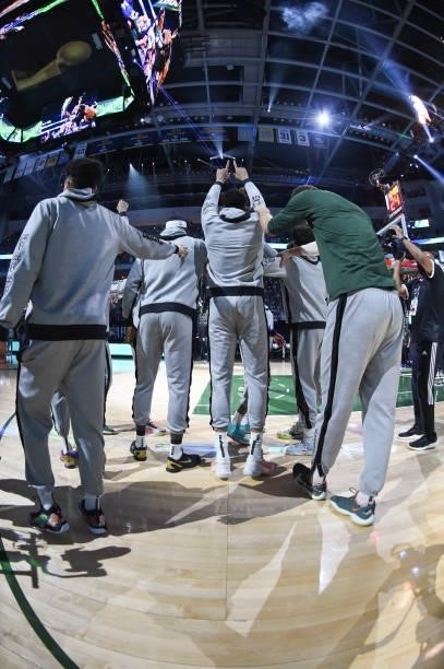 The Milwaukee Bucks huddle up before the game against the Phoenix Suns during Game Six of the 2021 NBA Finals on July 20, 2021 at the Fiserv Forum in...