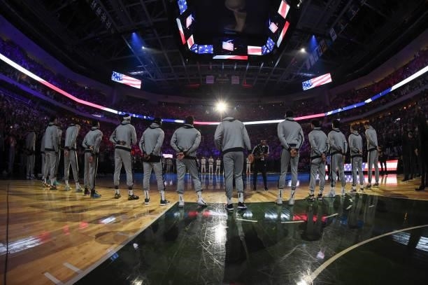 The Milwaukee Bucks listen to the national anthem before the game against the Phoenix Suns during Game Six of the 2021 NBA Finals on July 20, 2021 at...