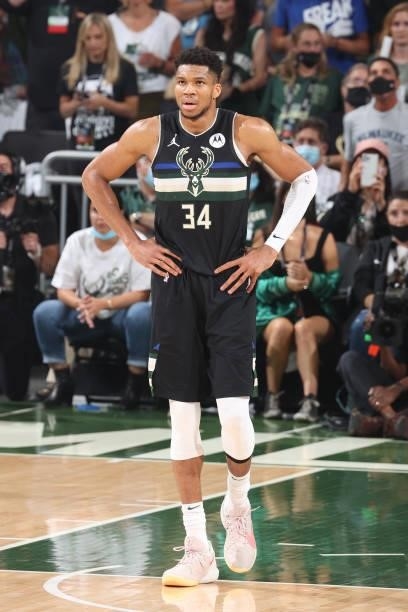 Giannis Antetokounmpo of the Milwaukee Bucks looks on during Game Six of the 2021 NBA Finals on July 20, 2021 at the Fiserv Forum in Milwaukee,...