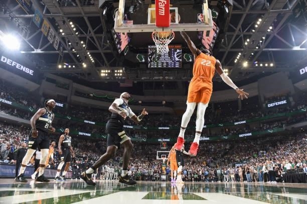 Deandre Ayton of the Phoenix Suns drives to the basket during the game against the Milwaukee Bucks during Game Six of the 2021 NBA Finals on July 20,...