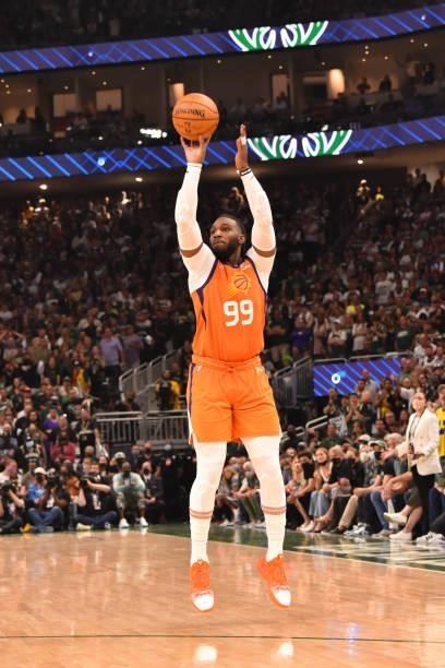 Jae Crowder of the Phoenix Suns shoots a three-pointer against the Milwaukee Bucks during Game Six of the 2021 NBA Finals on July 20, 2021 at Fiserv...