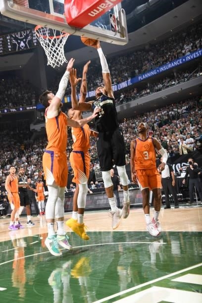 Giannis Antetokounmpo of the Milwaukee Bucks dunks the ball during the game against the Phoenix Suns during Game Six of the 2021 NBA Finals on July...