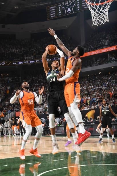 Giannis Antetokounmpo of the Milwaukee Bucks shoots the ball during the game against the Phoenix Suns during Game Six of the 2021 NBA Finals on July...