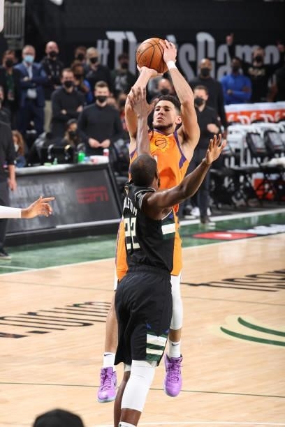 Devin Booker of the Phoenix Suns shoots the ball against the Milwaukee Bucks during Game Six of the 2021 NBA Finals on July 20, 2021 at the Fiserv...