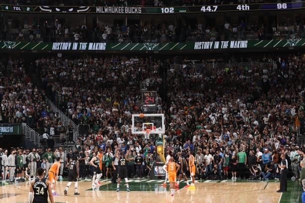 Khris Middleton of the Milwaukee Bucks shoots a free throw during Game Six of the 2021 NBA Finals on July 20, 2021 at the Fiserv Forum in Milwaukee,...
