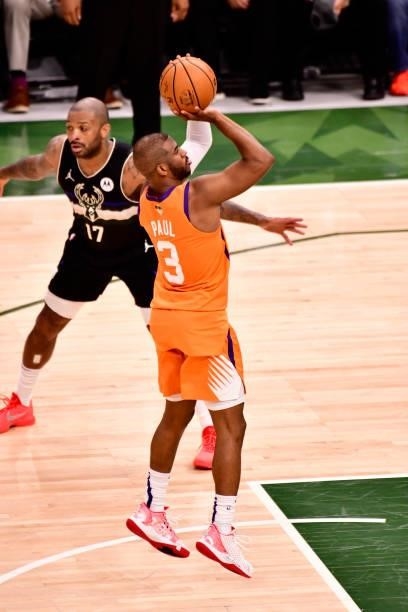 Chris Paul of the Phoenix Suns shoots the ball against the Milwaukee Bucks during Game Six of the 2021 NBA Finals on July 20, 2021 at the Fiserv...