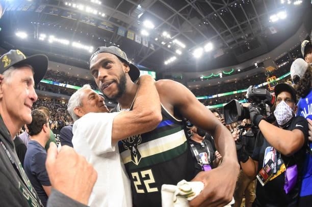 Owner Marc Lasry of the Milwaukee Bucks hugs Khris Middleton of the Milwaukee Bucks after defeating the Phoenix Suns in Game Six to win the 2021 NBA...