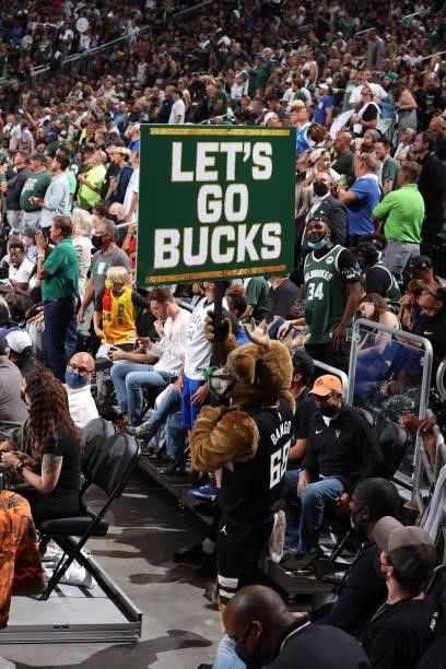 Mascot, Bango of the Milwaukee Bucks cheers during the game against the Phoenix Suns during Game Six of the 2021 NBA Finals on July 20, 2021 at the...