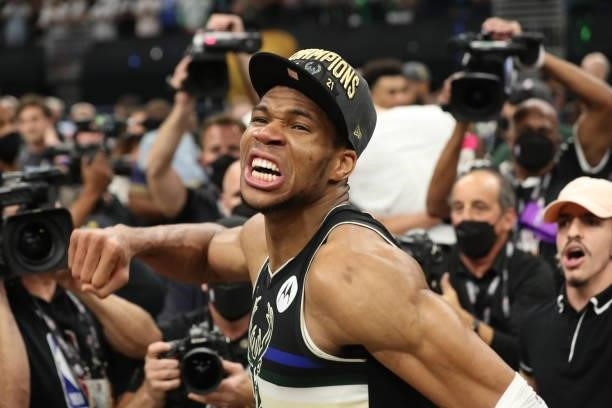 Giannis Antetokounmpo of the Milwaukee Bucks celebrates winning the 2021 NBA Finals on July 20, 2021 at Fiserv Forum in Milwaukee, Wisconsin. NOTE TO...