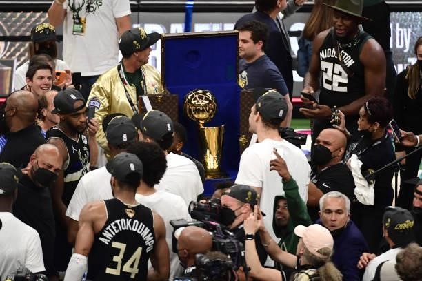 The Larry O'Brien trophy is presented after the Milwaukee Bucks game against the Phoenix Suns during Game Six of the 2021 NBA Finals on July 20, 2021...
