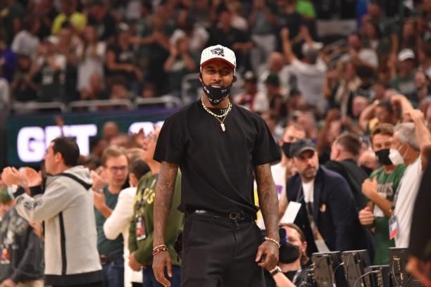 Former NBA player, Brandon Jennings, reacts during Game Six of the 2021 NBA Finals on July 20, 2021 at Fiserv Forum in Milwaukee, Wisconsin. NOTE TO...