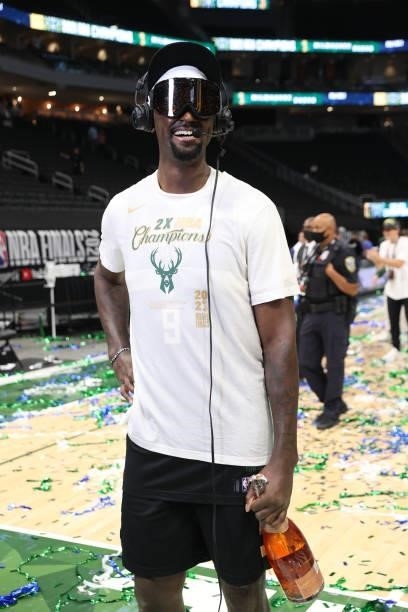 Bobby Portis of the Milwaukee Bucks interviews after winning the 2021 NBA Finals on July 20, 2021 at Fiserv Forum in Milwaukee, Wisconsin. NOTE TO...
