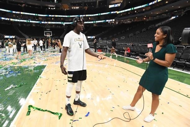 Jrue Holiday of the Milwaukee Bucks is interviewed after the game against the Phoenix Suns during Game Six of the 2021 NBA Finals on July 20, 2021 at...