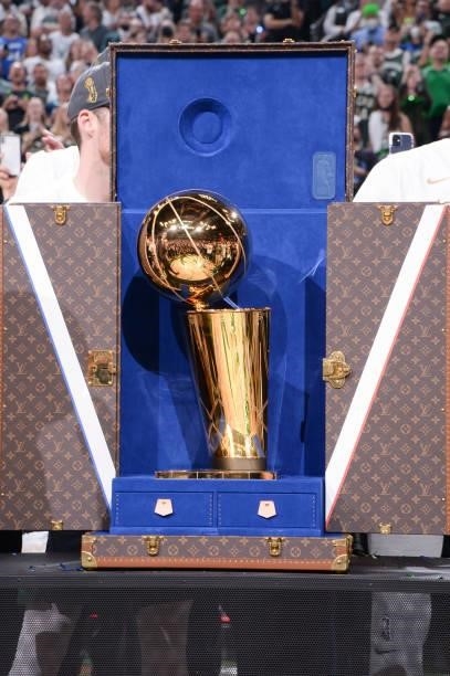 Close up view of the Larry O'Brien Trophy presented in a Louis Vuitton case after Game Six of the 2021 NBA Finals on July 20, 2021 at the Fiserv...