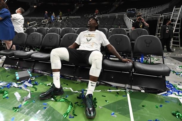 Jrue Holiday of the Milwaukee Bucks looks on after the game against the Phoenix Suns during Game Six of the 2021 NBA Finals on July 20, 2021 at the...