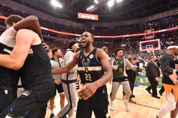 Khris Middleton of the Milwaukee Bucks reacts after winning Game Six of the 2021 NBA Finals against the Phoenix Suns on July 20, 2021 at Fiserv Forum...