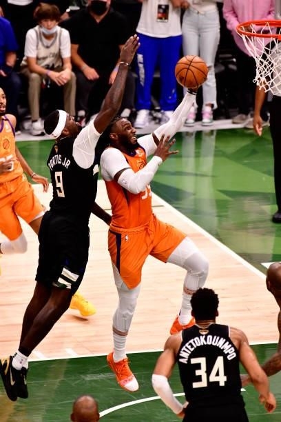 Jae Crowder of the Phoenix Suns shoots the ball against the Milwaukee Bucks during Game Six of the 2021 NBA Finals on July 20, 2021 at the Fiserv...