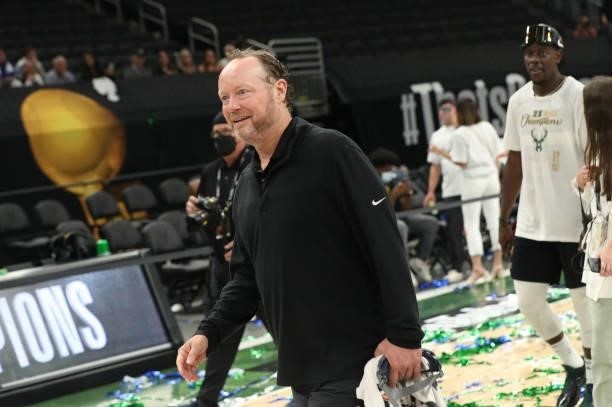 Head Coach Mike Budenholzer of the Milwaukee Bucks smiles after winning the 2021 NBA Finals on July 20, 2021 at Fiserv Forum in Milwaukee, Wisconsin....