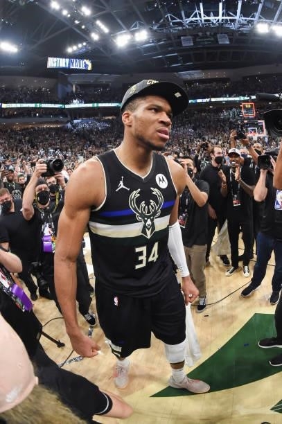 Giannis Antetokounmpo of the Milwaukee Bucks celebrates after defeating the Phoenix Suns in Game Six to win the 2021 NBA Finals on July 20, 2021 at...