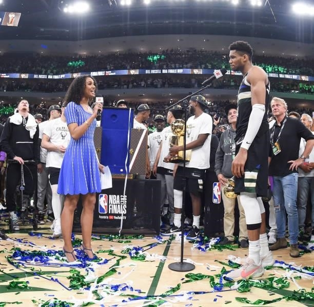 Sideline Reporter, Malika Andrews interviews Giannis Antetokounmpo of the Milwaukee Bucks after defeating the Phoenix Suns in Game Six to win the...