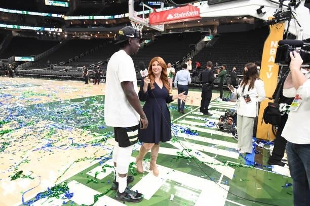 Jrue Holiday of the Milwaukee Bucks is interviewed after the game against the Phoenix Suns by ESPN Analyst Rachel Nichols during Game Six of the 2021...