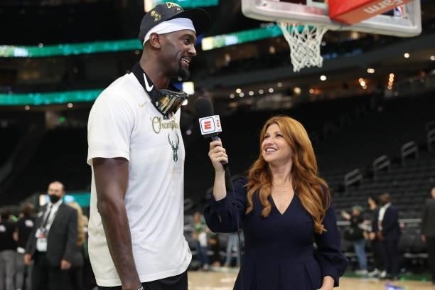 Reporter, Rachel Nichols interviews Bobby Portis of the Milwaukee Bucks after winning the 2021 NBA Finals on July 20, 2021 at Fiserv Forum in...