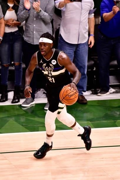 Jrue Holiday of the Milwaukee Bucks handles the ball against the Phoenix Suns during Game Six of the 2021 NBA Finals on July 20, 2021 at the Fiserv...