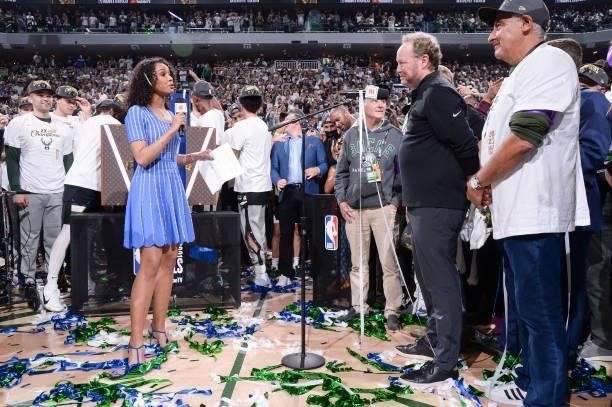 Sideline Reporter, Malika Andrews interviews Head Coach Mike Budenholzer of the Milwaukee Bucks after defeating the Phoenix Suns in Game Six to win...