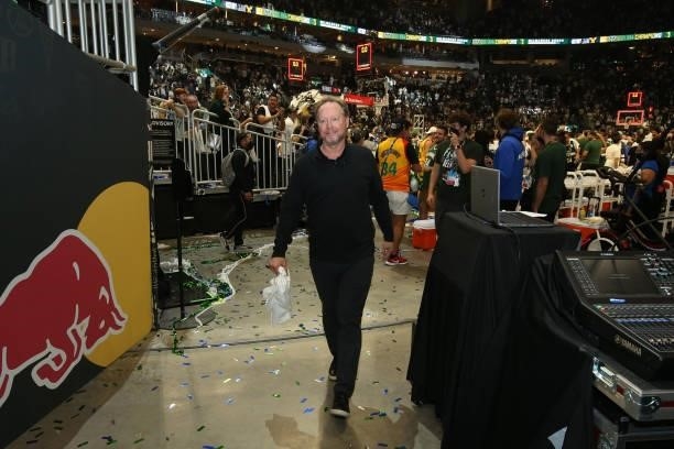Head Coach Mike Budenholzer of the Milwaukee Bucks walks off the court after winning Game Six of the 2021 NBA Finals on July 20, 2021 at the Fiserv...