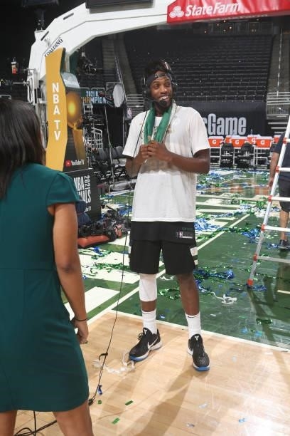 Khris Middleton of the Milwaukee Bucks is interviewed after winning Game Six of the 2021 NBA Finals on July 20, 2021 at the Fiserv Forum in...
