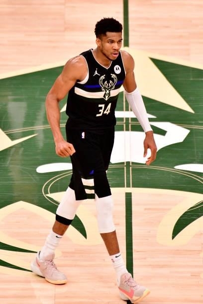 Giannis Antetokounmpo of the Milwaukee Bucks reacts to a play during the game against the Phoenix Suns during Game Six of the 2021 NBA Finals on July...