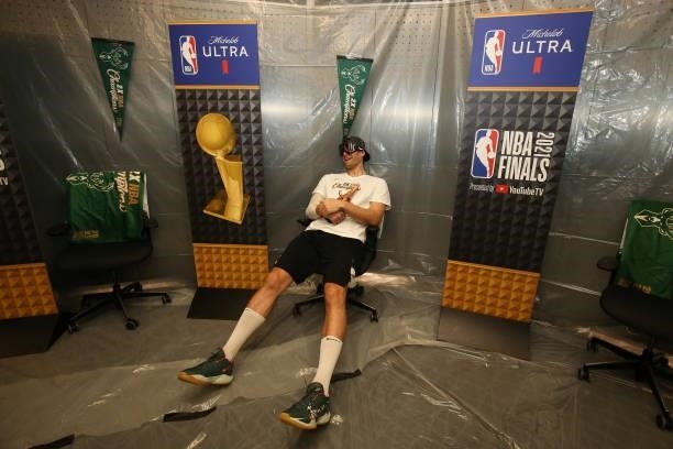 Brook Lopez of the Milwaukee Bucks celebrates after winning Game Six of the 2021 NBA Finals on July 20, 2021 at the Fiserv Forum in Milwaukee,...