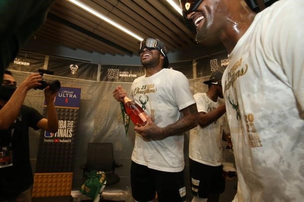 Tucker of the Milwaukee Bucks celebrates after winning Game Six of the 2021 NBA Finals on July 20, 2021 at the Fiserv Forum in Milwaukee, Wisconsin....