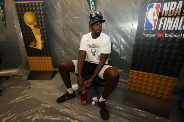 Bobby Portis of the Milwaukee Bucks celebrates after winning Game Six of the 2021 NBA Finals on July 20, 2021 at the Fiserv Forum in Milwaukee,...
