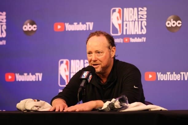 Head Coach Mike Budenholzer of the Milwaukee Bucks talks with the media after winning the 2021 NBA Finals on July 20, 2021 at the Fiserv Forum in...