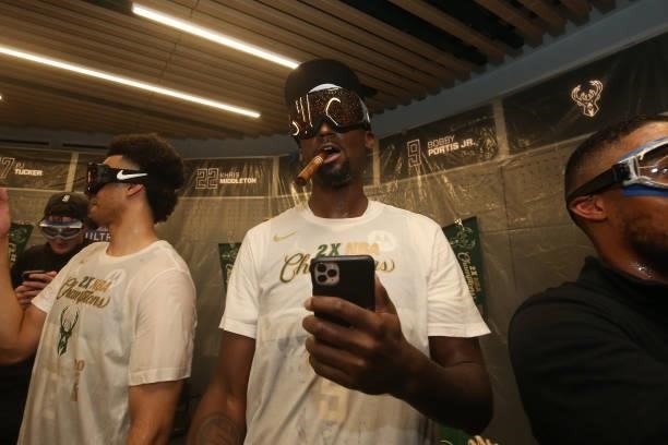 Bobby Portis of the Milwaukee Bucks celebrates after winning Game Six of the 2021 NBA Finals on July 20, 2021 at the Fiserv Forum in Milwaukee,...