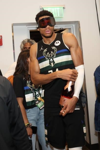 Giannis Antetokounmpo of the Milwaukee Bucks celebrates after winning the 2021 NBA Finals on July 20, 2021 at the Fiserv Forum in Milwaukee,...