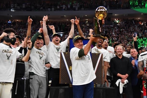 Milwaukee Bucks Owner, Marc Lasry holds up the Larry O'Brien trophy after winning Game Six of the 2021 NBA Finals against the Phoenix Suns on July...