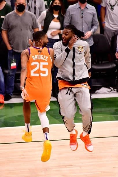 Mikal Bridges and Jae Crowder of the Phoenix Suns get pumped before the game against the Milwaukee Bucks during Game Six of the 2021 NBA Finals on...