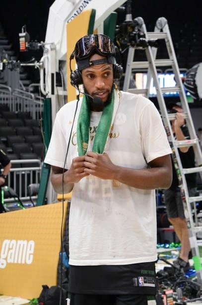 Khris Middleton of the Milwaukee Bucks talks to the media after defeating the Phoenix Suns in Game Six to win the 2021 NBA Finals on July 20, 2021 at...