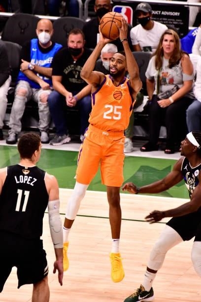 Mikal Bridges of the Phoenix Suns shoots the ball against the Milwaukee Bucks during Game Six of the 2021 NBA Finals on July 20, 2021 at the Fiserv...