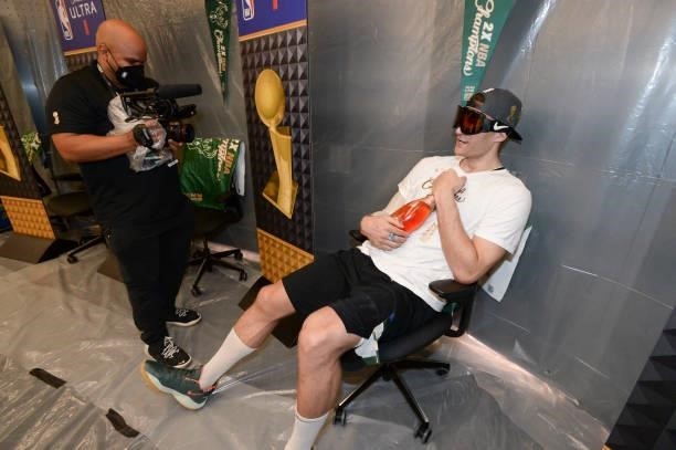 Brook Lopez of the Milwaukee Bucks talks to the media after defeating the Phoenix Suns in Game Six to win the 2021 NBA Finals on July 20, 2021 at the...