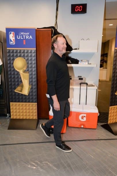 Head Coach Mike Budenholzer of the Milwaukee Bucks smiles after defeating the Phoenix Suns in Game Six to win the 2021 NBA Finals on July 20, 2021 at...