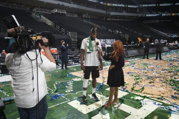 Khris Middleton of the Milwaukee Bucks talks to the media after winning Game Six of the 2021 NBA Finals on July 20, 2021 at the Fiserv Forum in...
