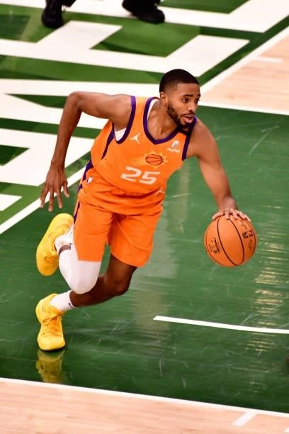 Mikal Bridges of the Phoenix Suns handles the ball against the Milwaukee Bucks during Game Six of the 2021 NBA Finals on July 20, 2021 at the Fiserv...